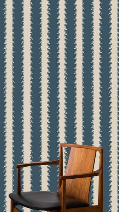 Josephine Munsey Wallpaper Scallop Stripe - Beakster Blue/ Edge Sand