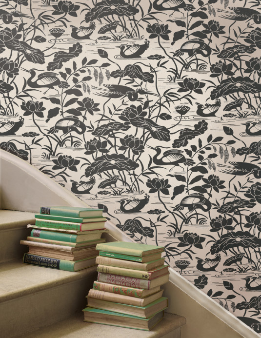 GP & J Baker Wallpaper Heron & Lotus Flower - Black/ White