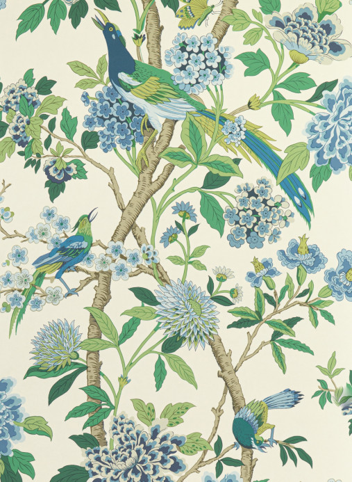 GP & J Baker Carta da parati Hydrangea Bird - Emerald/ Blue